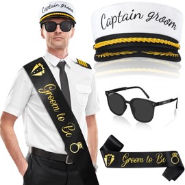 JaGely 3 Pcs Captain Bachelor Party Accessories for Groom Set Include Groom Hat Sunglasses Sash for Bridal Shower(Fresh Style)