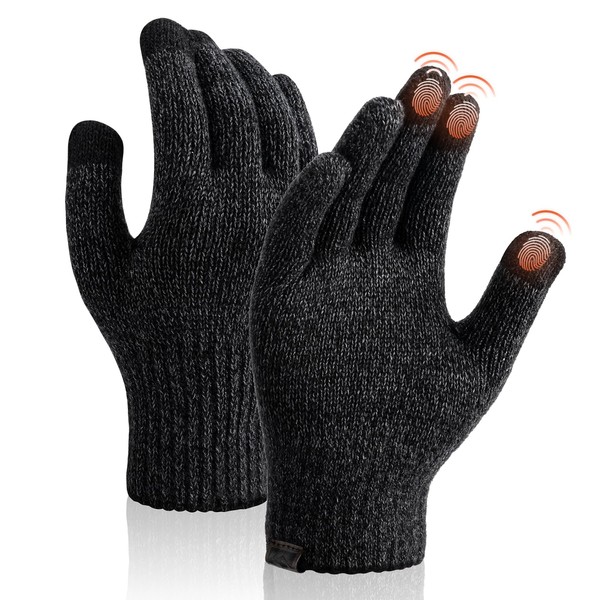 SONORAN Merino Wool Gloves for Men & Women, Touch Screen Liner Gloves Base Layer Warm Gloves with Thermal Soft Knit Lining Glove for Driving Running Hiking L (Black Gray)