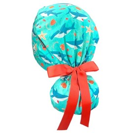 CALOMED Scrub Cap for Women and Men, Ponytail Scrub Caps, Working Hat, Head Cover with Ribbon Ties and Buttons, Long Hair (Sharks and Seashells in The sea)