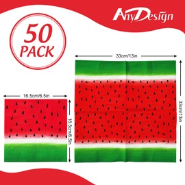 AnyDesign 50 Pack Watermelon Paper Napkins Summer Theme Disposable Napkins Red Green Luncheon Dinner Napkins for Birthday Wedding Party Supplies Table Decor, 6.5 x 6.5 Inch