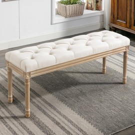 LUE BONA 44" Bedroom Bench, Vintage French Tufted End of Bed Bench, Upholstered Fabric Ottoman Bench with Carved Wood Legs for Bedroom,Dining Bench Piano Stool for Living Room,Foyer, Beige