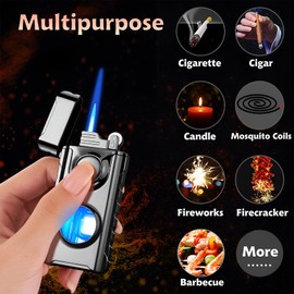 Torch Lighter, Creative Dual Flame Lighter with 6pcs Flint Stone, Windproof Lighter with Visible Fuel Tank, Adjustable Soft Flame and Jet Flame 2 in1,Refillable Butane Lighter for Gifts Men-Ice Black