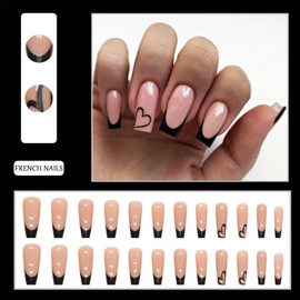 24pcs French Tip False Nails - Press On Nails Long - French Style Black Edge Heart Stick On Nails With Glue - Long Coffin Shaped Elegant Design Fake Nails