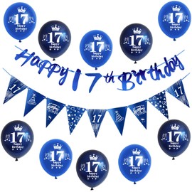 Blue Garland Happy 17th Birthday Banner + 17 Years Birthday Flags Triangle + 17 Pcs 17 Years Birthday Balloons 17 Years Old Boy Decorations 17 Years Birthday 17 Years Boy Deco Blue