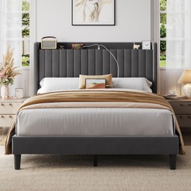 Yaheetech Queen Bed Frame with Headboard, Upholstered Headboard with Charing Station and Storage Shelf, Platform Bed Frame, No Box Spring Needed, Easy Assembly, Dark Grey