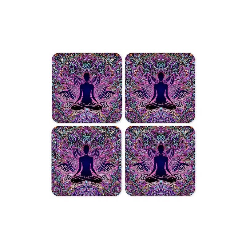 Bohemian Boho 4 Coaster Set Meditating Buddha Yoga Lotus Position