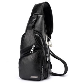 CRITIVE-S Cross Body Bag Men with USB Charging Port & headphone jack, Sling Bag Leather Shoulder Bag Mens Chest Bag, Waterproof Man Bag for Business Casual Hiking Cycling Traveling(Black)