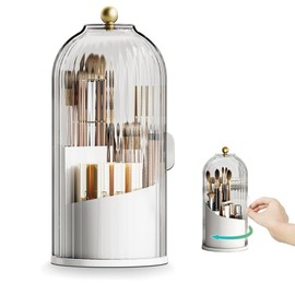 Primst Makeup Brush Holder Case, 360° Rotating Cosmetic Organizer with Dustproof Lid, Spinning Comestic Storage Organizer for Vanity and Bathroom (White)