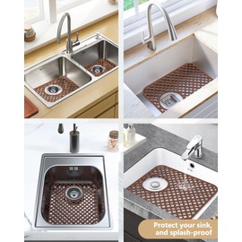 BEHOK 2 Pack Silicone Sink Protectors for Kitchen Sink, Lozenge Pattern 13 x 11 Inches Sink Mat, Non-Slip and Durable Sink Protector Silicone, Rear Drain (Coffee)