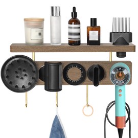 Affogato Hair Dryer Wall Mount Holder Compatible with Dyson, Blow Dryer Accessories and Attachments Organizer Storage Rack, Wood