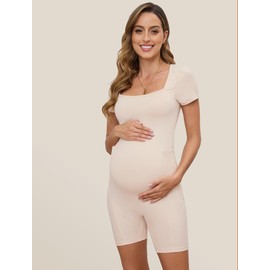 guruixu Women's Maternity Romper Square Neck Pregnancy Shorts Jumpsuit T Shirt Top Bodysuit Shapewear with Pocket Beige