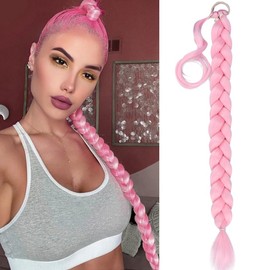 BOBIYA Long Braided Ponytail Extension 30 Inch Pre stretched Braiding Hair Extensions DIY Braid Ponytail Natural Soft Ponytails (Pink)