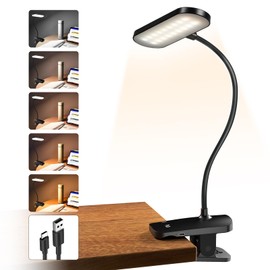 HECDSTLY Clip on Desk Lamp, Battery Powered Reading Light with Strong Clamp - 5 Colors 5 Brightness, USB Rechargeable Portable Cordless Book Lamp for Bed Headboard Table Bedside Home Office (Black)