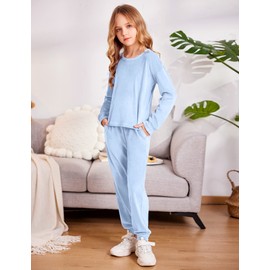 Arshiner Cute Outfits for Girls Kids Crewneck Sweatshirt Jogging Suits Sets Running Sportswear Blue Size 5-6Y