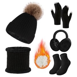 WEISPO Conjunto Térmico de Invierno de 5 Piezas, Gorro de Invierno, Orejeras y Bufanda Térmicas, Guantes y Calcetines, Apto para Actividades Al Aire Libre Como Esquí, Motos, Senderismo y Más (Negro)