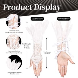 MAOFENG Women's Gothic Goose Feather Gloves Witch Angel Costume Accessories Swan Wings Wrist Bands Lace Fingerless Gloves,White