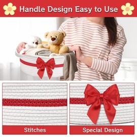 Groodo Small Woven Basket, Basket for Gift Empty with Gift Bags and Ribbons, Cute Baby Gift Basket for Nursery, 11.8 x 6.7 x 5.5 Rope Baskets with Handles - White