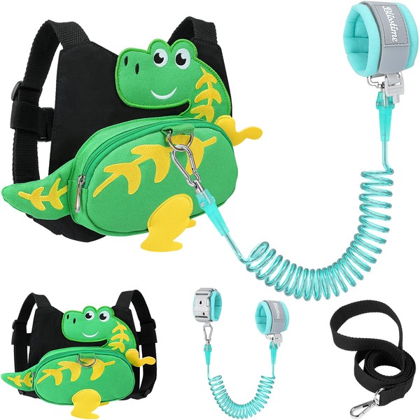 Blisstime 4 in 1 Toddler Harness with Leash + Toddler Wrist Leash, Toddler Leash Toddler Safety Harness with Anti Lost Wrist Link for Kids, Cute Dinosaur Backpack Leash for Kids Wrist Leash