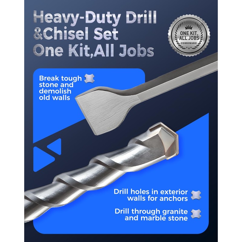 COMOWARE Rotary Hammer Drill Bits Set & Chisels- SDS Plus
