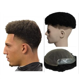 NLW Afro Toupee for men Afro curl Hair pieces for men Afro kinky curly Human hair replacement system for men 10x8" human hair mens toupee hair piece. #1 Jet black