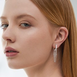 Gold Hoop Earrings for Women Tassel Chain Huggie Earrings and Sterling Silver Drop Dangle Hypoallergenic Earrings Cubic Zirconia Small Hoop Earrings Jewelry for Women Gifts (Chain Silver-2)