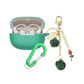 Case for SHOKZ OpenDots ONE Case Cover with Flower Keychain, Cute Soft Silicone Protective Skin Cases for OpenDots ONE E310 Open-Ear Headphones with Carabiner for Women Girl (Dark Green)