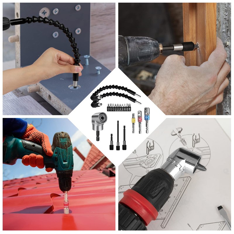 Flexible Drill Bit Extension Set 19pcs, Hex Shank 105°Right Angle