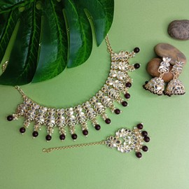 Efulgenz Indian Jewellery Set Crystal Choker Necklace Dangle Earrings Maang Tikka Head Chain Bollywood Wedding Bridal Jewellery for Women, Maroon