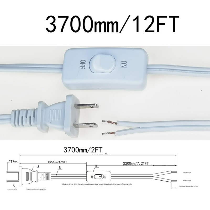 HBFBZM white12FT1pcs 10Feet 12Feet Lamp Cord with Switch On Off,