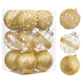 12pc 2.76" Gold Christmas Ball Ornaments Glitter Christmas Ornaments Sequin Christmas Hanging Balls Pearls Christmas Ornaments for Christmas Tree,Party Wedding,Holiday Decor