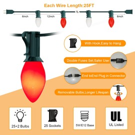 C7 LED Christmas Lights Outdoor, 25Ft Christmas Red White String Lights with 27 Ceramic LED Bulbs(2 Spare), Connectable Vintage Christmas Lights for Xmas Tree Roofline Wedding Party Holiday Decor