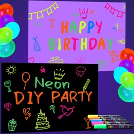 Glow in The Dark Party Supplies - Let's Glow Photography Background Set Include 2 Graffiti Papers and 5 Fluorescent Colored Pens for Neon Party Decorations, 3.9 x 5.9 ft