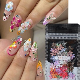 3D Flower Nail Charms for Nail Art -Spring Hibiscus Flower Nail Charms with Rhinestones,Summer Floral Nail Jewelry Acrylic Nail Art Supplies for Women Colorful Ice Lily Nail Design Manicure DIY Crafts