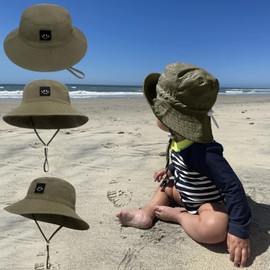 2 Pack Baby Sun Hat Smile Face UPF 50+ Kids Toddler Outdoor Bucket Hat Boys Girls Wide Brim Beach Play Hats (CA/US, Age, 6 Months, 18 Months, Navy+Army)