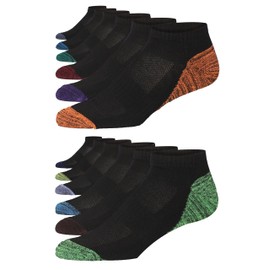 JAMES FIALLO Men's 12-Pairs Performance Low Cut Athletic Sport Socks, Monochrome Black Vibrant Toe and Heel Pops, 10-13