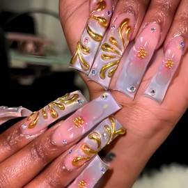 RUOKEXIN Curved Nail Tips,XXL Long Press on Nails Extra Curve Square Fake Nails Pink Ombre False Nails with Gold 3D Flower Designs Sparkly Artificial Nails for Women 20Pcs