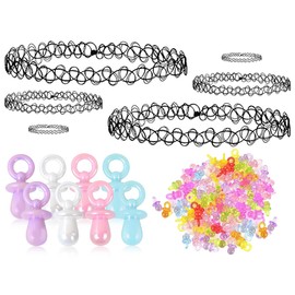 Lhbwhiz Choker Tattoo Necklace 90s Set, 90 Years Outfit Women's Accessories, Necklace Bracelet Dummy Chain, Baby Dummy Chain, Elastic Necklace, Decorative Dummy, for 80 90s Theme Party, Plastic