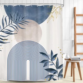 Mitpok Navy Blue Boho Shower Curtain 72Wx78H Grey Modern Bohemian Abstract Leaves Plant Botanical Mid Century Minimalist Bathroom Decor Geometric Neutral Bath Curtain Fabric Polyester 12 Pack Hooks