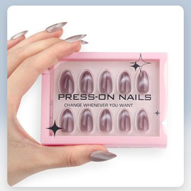 Grey Cat Eye Press on Nails Short Almond Fake Nails Glitter French Tip False Nails Acrylic Glue on Nails Glossy Full Cover Stick on Nails Reusable Artificial Nails for Women 30 Pcs