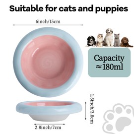 KITCHENLESTAR 6-Inch Ceramic Cat Food Bowl,6 Oz Wide Shallow Cat Bowls,Whisker Fatigue Relief,Anti-Vomiting Design,Spine Protection for Cats,Dishwasher and Microwave Safe,Set of 1(Pink and Blue)