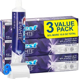 3D Ultra Whitening Vivid Mint Toothpaste 3 Large Tubes of 5.2 oz (Total 15.6 oz) | Strengthens Enamel | Removes 90% of Surface Stains | Toothpaste Squeezer+Guide