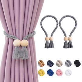 Pretty Jolly Ball Magnetic Curtain Tiebacks Wooden Boho Decoration Tiebacks Natural Cotton Hand Woven for Window Curtains for Home and Office (Gray), Pack of 2