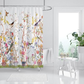 Shower Curtain White Mould Proof Resistant Waterproof Bird Floral Bathroom Curtains with 12 hooks Quick-Drying Weighted 180x180cm (71x71Inch) Polyester Shower Curtains for Bathroom Wet Room Tub