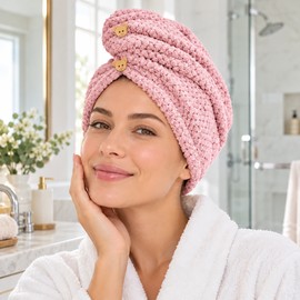 Absorbent Hair Towel Wrap for Wet Hair – Button Closure and Textured Polyester Fabric for Easy Post-Shower Hair Care