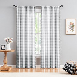 White Grey Buffalo Check Curtains 84inch Long Farmhouse Gingham Linen Semi Sheer Rustic Drapes Window Treatment Sets for Living Room Bedroom 2 Panels Rod Pocket