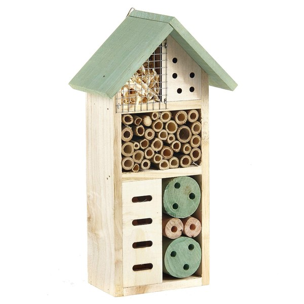 Pet Ting Wooden Insect Bee House Natural Wood Bug Hotel Shelter Garden Nest Box 26cm,Beige
