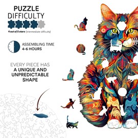 Jigfoxy Wooden Puzzle for Adults, Cat Wooden Jigsaw Puzzles for Adults, Unique Animal Shape Wood Cut Puzzles Christmas Thanksgiving Gifts for Family Friend(M-11.7 * 9.4in-190pcs)