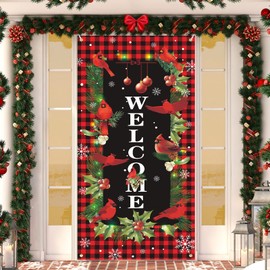 Christmas Cardinal Door Cover Cardinal Buffalo Plaid Welcome Door Banner Decorations Red Black Cardinal Hanging Backdrop Sign Photo Booth Prop for Christmas Indoor Outdoor Party Supplies 73x36inch