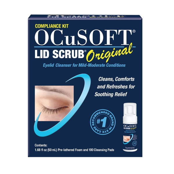 OCuSOFT Lid Scrub Original Compliance Kit - Instant Foaming Eyelid Scrub & Lint-Free Wipes - Daily Eyelid Kit to Remove Oil, Dust, Pollen & Eye Makeup - 1.68 fl oz & 100 Dry Pads