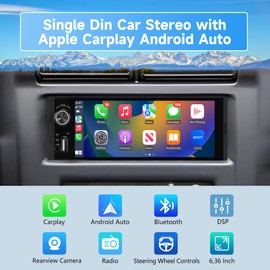 Pyniro Single Din Car Stereo, 6.36 Inch CarPlay & Android Auto HD IPS Touchscreen Radio with Bluetooth with Backup Camera, Support USB Type-C Charging/USB/Microphone/FM/EQ